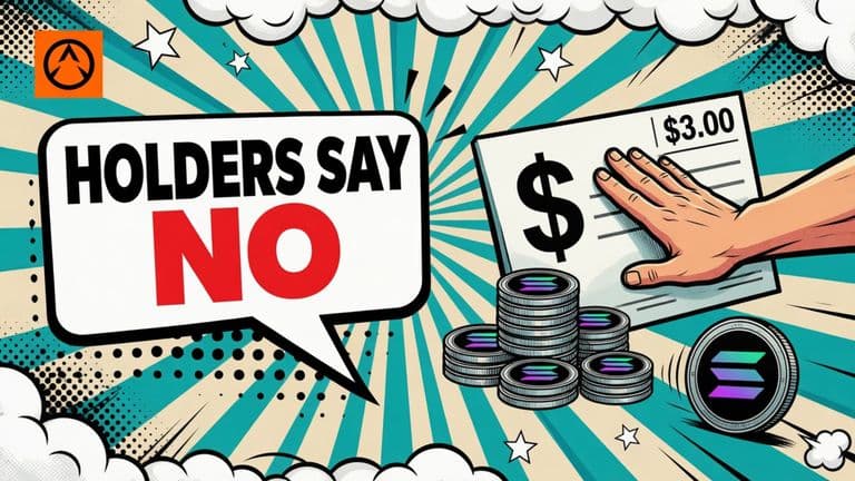 A comic hand pushes away a large cheque while a stack of Solana coins shrinks beside it and one coin rolls away.