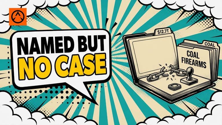 A comic illustration of an open, empty case file on digital assets next to a stack of full folders, with a small badge showing $12.7T.