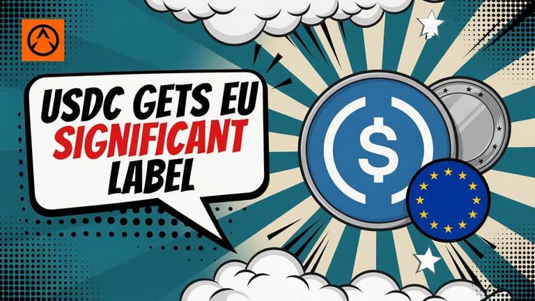 A comic-style illustration of a large USDC coin with a European Union star-circle badge attached to it, beside a white speech bubble reading USDC GETS EU SIGNIFICANT LABEL.