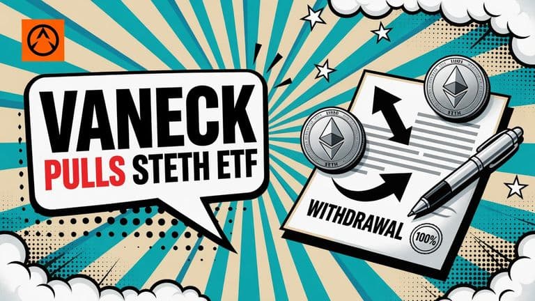 A comic-style illustration of a stamped withdrawal document for the VanEck Lido staked ether ETF, with Ethereum and Lido stETH coins behind it and a speech bubble reading VANECK PULLS STETH ETF.