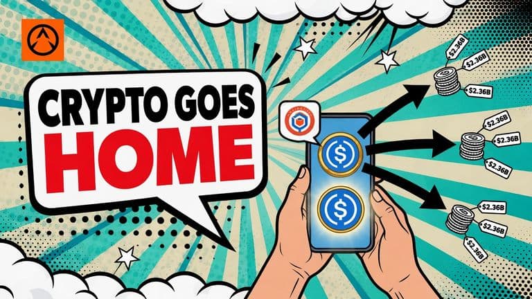A comic-style illustration of a phone with a coin above it, three arrows of small coin bundles flying out to three labelled destinations, with a speech bubble on the left reading CRYPTO GOES HOME and a badge reading $2.36B.