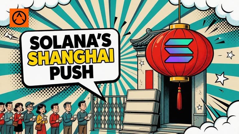 A comic illustration of a building entrance on a Shanghai street with a large Solana logo on a red lantern above the door, a queue of visitors waiting below and blank signboards propped at the doorway.