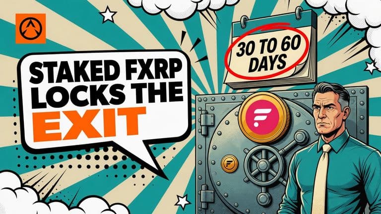 A comic-style staker stands beside a thick vault door marked with the Flare FXRP coin, a big circled calendar above it reading 30 to 60 days, and a speech bubble with the headline on the left.
