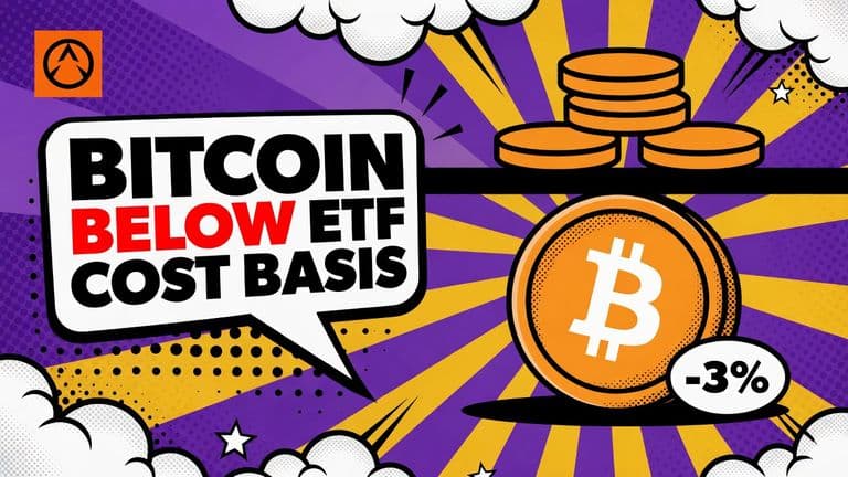 A Bitcoin coin sits low beneath a thick black bar with small coin faces stacked on top of it, next to a speech bubble carrying the headline.
