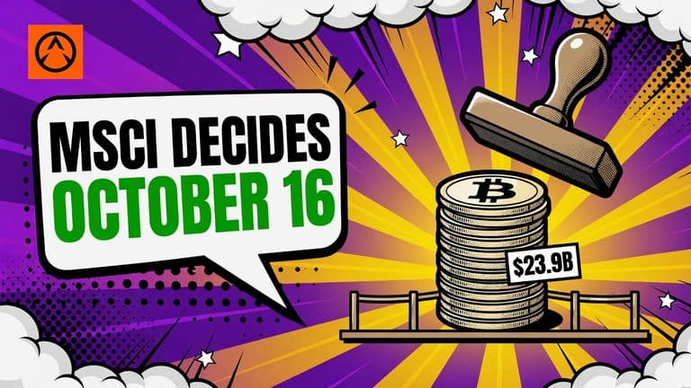 A comic-style container figure of a stack of coins bearing a Bitcoin mark stands behind a low barrier under a large hanging stamp, with the publication's logo at the top left and a speech bubble of headline text on the left.