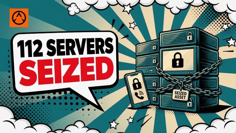 A stack of chained and padlocked computer servers with a seized-asset tag, beside a phone showing a locked account icon, next to a speech bubble reading 112 SERVERS SEIZED.
