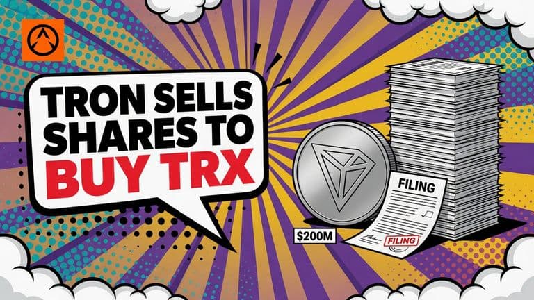 A large TRX coin beside a stack of share certificates that rises taller than the coin, with a filing document at its base and the headline Tron sells shares to buy TRX in a speech bubble.