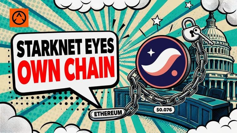 A Starknet coin stands where two chains split apart, one curving down toward Ethereum and the other rising toward a padlock and key badge, with a speech bubble beside it.