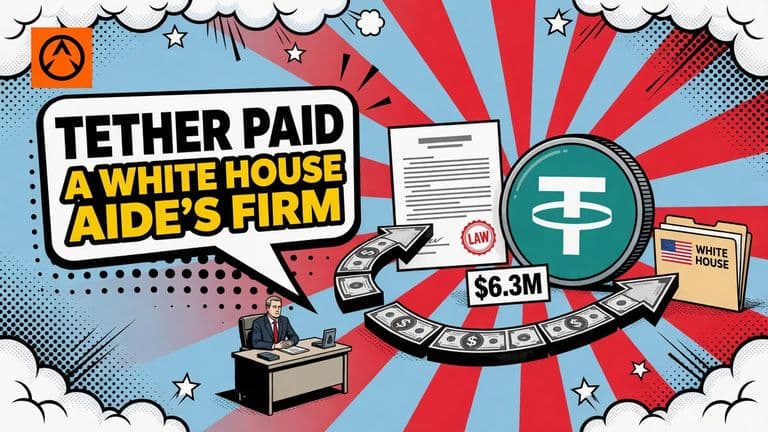 A comic illustration of a large Tether coin with arrows carrying money across to a small office desk and a stamped law document, with a speech bubble headline about payments.