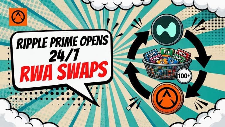 A comic-style illustration of a swap loop of arrows between a Ripple roundel and a Hyperliquid roundel, with a basket of labelled asset chips at its centre, beside a large speech bubble reading Ripple Prime opens 24/7 RWA swaps.