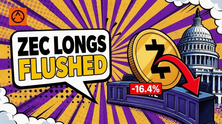 A comic-style illustration of a large Zcash coin with the Zcash logo dropping beside a thick red down arrow, with a speech bubble headline reading ZEC LONGS FLUSHED and a small badge showing -16.4%.