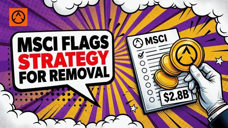 A comic illustration of a hand lifting a Strategy-marked coin out of a row of index slots on a panel bearing the MSCI badge.
