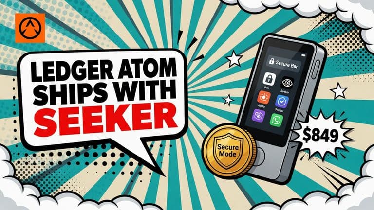 A comic-style illustration of a Ledger Atom handset showing a Seeker app tile and a Secure Mode shield badge, beside a speech bubble carrying the headline.
