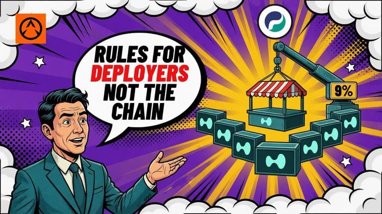 A comic illustration of Hyperliquid founder Jeff Yan beside a chain of blocks with a small market stall being lowered onto it, under a speech bubble reading RULES FOR DEPLOYERS NOT THE CHAIN.