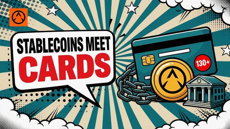 A comic-style bank card with a coin in front of it, small linked chain blocks behind and a bank building beside it, next to a speech bubble reading STABLECOINS MEET CARDS.