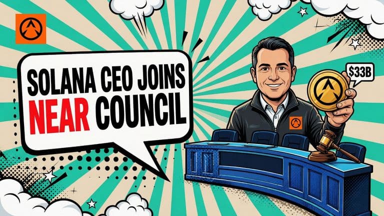 A comic-style illustration of a man in a jacket holding up a coin next to a council table, with a speech bubble headline about a Solana CEO joining the NEAR council.