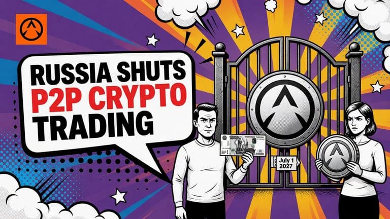 Two people stand on either side of a barred gate stamped with the Russian central bank's seal, one holding a ruble note and the other a coin, with a small badge reading July 1 2027 on the gate.