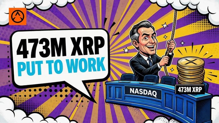 A comic-style illustration of Brad Garlinghouse ringing a bell at a Nasdaq podium beside a stack of XRP coins, with a speech bubble reading 473M XRP PUT TO WORK.