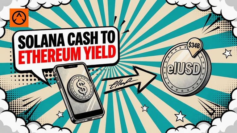 A comic-style illustration of a Solana wallet sending stablecoins along a thick arrow into a large elUSD coin on Ethereum, with a small badge marking $34B.