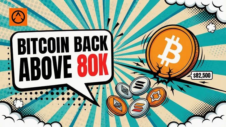 A large bitcoin coin tips through a horizontal line and rises back above it while a group of smaller coins sinks behind and below.