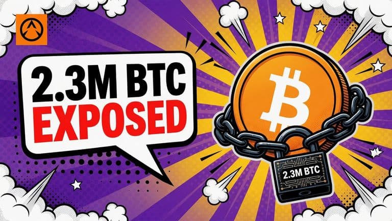 A comic-style bitcoin coin on a chain locked by a padlock shaped like a quantum circuit, with a speech bubble reading 2.3M BTC EXPOSED.