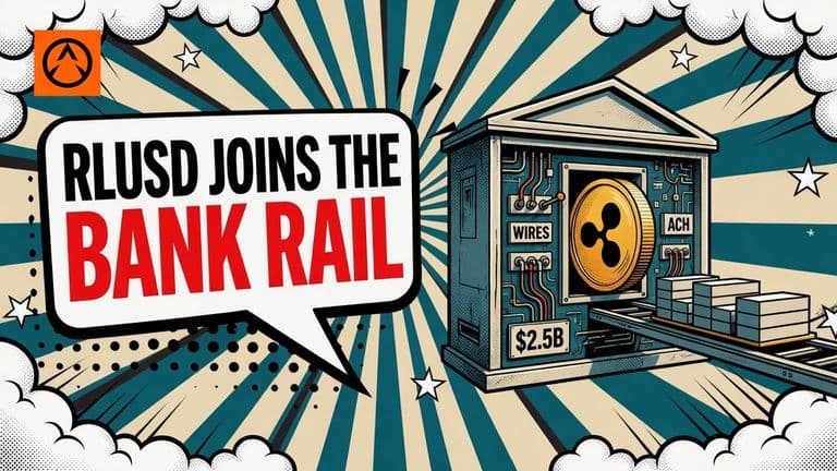 A comic-style bank control panel with a Ripple-marked coin dropping into one slot beside ACH and wire levers, a row of ledger blocks running off to the right and a speech bubble on the left.