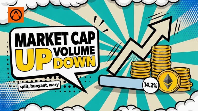 A pop-art comic cover showing coins and a rising arrow above a half-empty trading volume bar with a 14.2% badge, with a small coin carrying the Ethereum mark beside it, as a speech bubble announces MARKET CAP UP VOLUME DOWN.