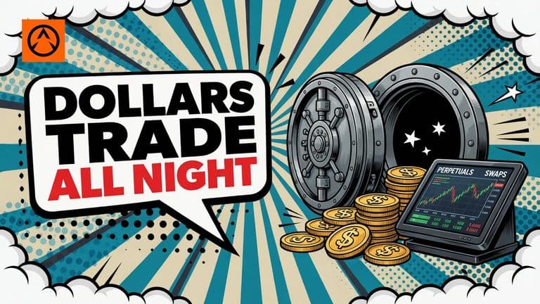 A comic-style illustration of an open circular bank vault door with flat dollar coins and a derivatives trading terminal in front of it, beside a speech bubble reading Dollars Trade All Night.
