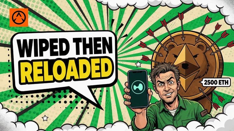 A comic-style trader holds up a phone as forced-sale arrows rain onto a large brown Ethereum coin beside him, with a speech bubble carrying the headline.