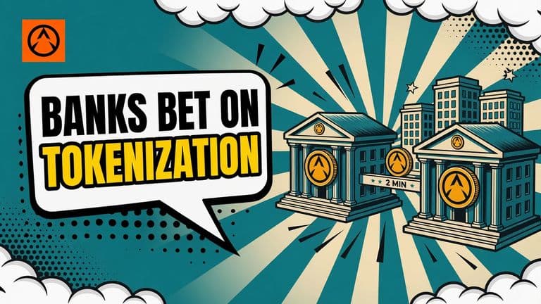 A comic illustration of two bank buildings marked with real logos joined by a rail carrying a single token coin, with a third smaller building group behind them and a speech bubble reading BANKS BET ON TOKENIZATION.