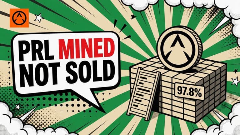 A large PRL coin resting on a grid of numbered mining tiles beside a thin, half-empty order book, with a speech bubble on the left.