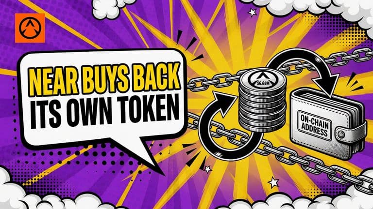 A comic illustration of NEAR coins travelling along a looping arrow across two chain links into a wallet, with a speech bubble reading NEAR BUYS BACK ITS OWN TOKEN.