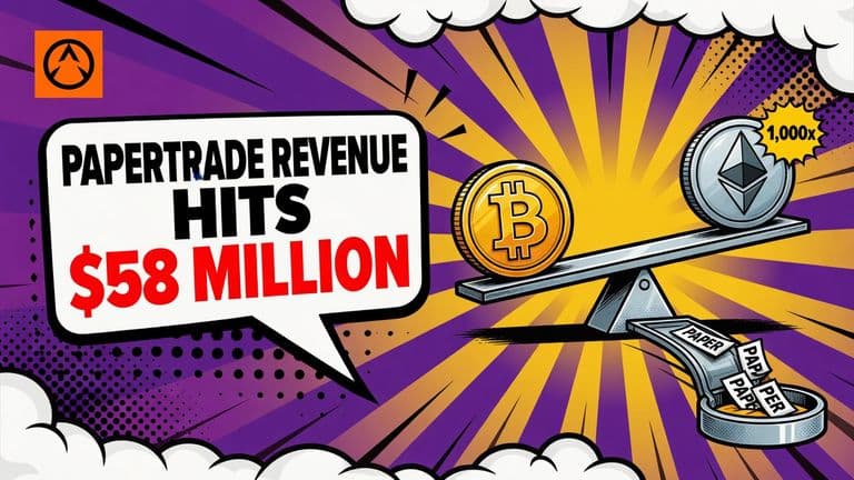 A comic-style illustration of Bitcoin and Ethereum coins on a seesaw with tokens falling into a payout container, beside a speech bubble reading PAPERTRADE REVENUE HITS $58 MILLION.