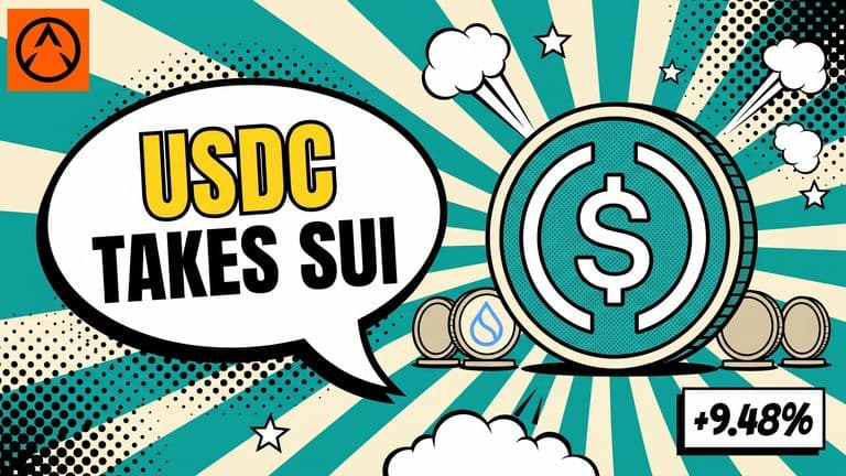 A comic-style illustration of a large USDC coin towering over a small row of rival Sui stablecoins, with a badge reading plus 9.48 percent.