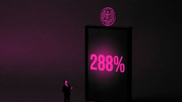 A tall dark display panel showing 288% with a plain coin balanced on its top edge and a tiny figure looking up from far below.