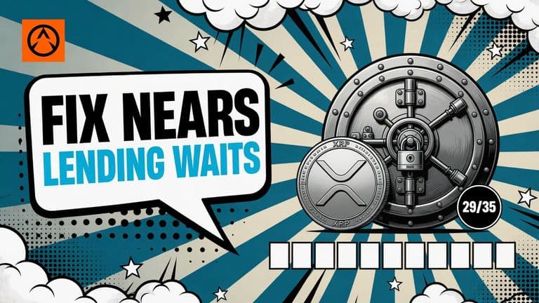A pop-art comic cover with a countdown clock reading 29 of 35 and a padlocked vault door, an XRP coin in front, ten empty vote slots below, and a speech bubble reading FIX NEARS LENDING WAITS.