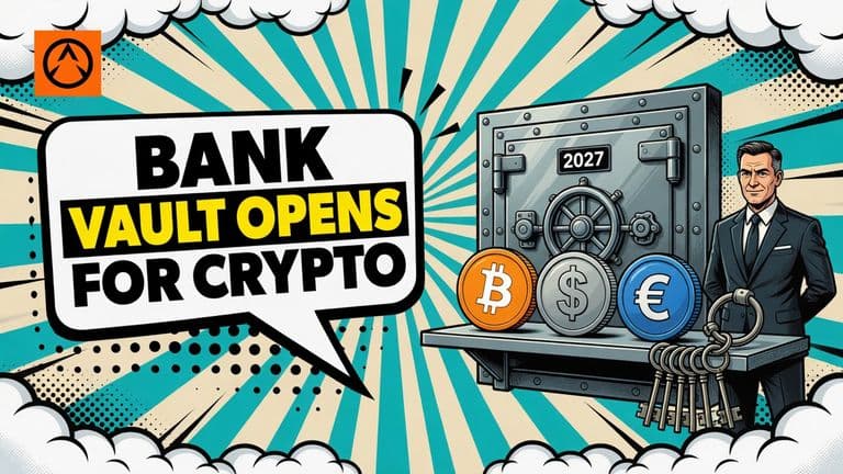 A comic-style bank vault door held open by a suited figure, with a ring of keys, a Bitcoin coin and a dollar and euro stablecoin token on the shelf in front of it.