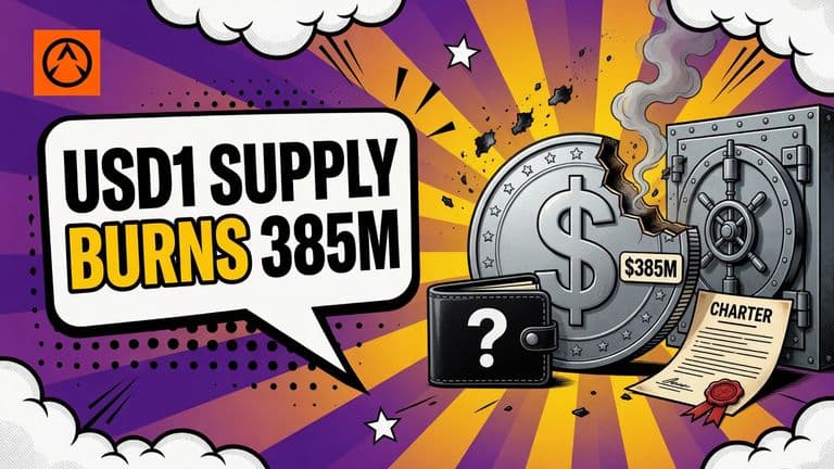 A comic-style illustration of a large USD1 coin with a bite taken out of it giving off burnt flakes, next to a wallet marked with a question mark and a bank vault door with an unsigned document, under a speech bubble reading USD1 SUPPLY BURNS 385M.