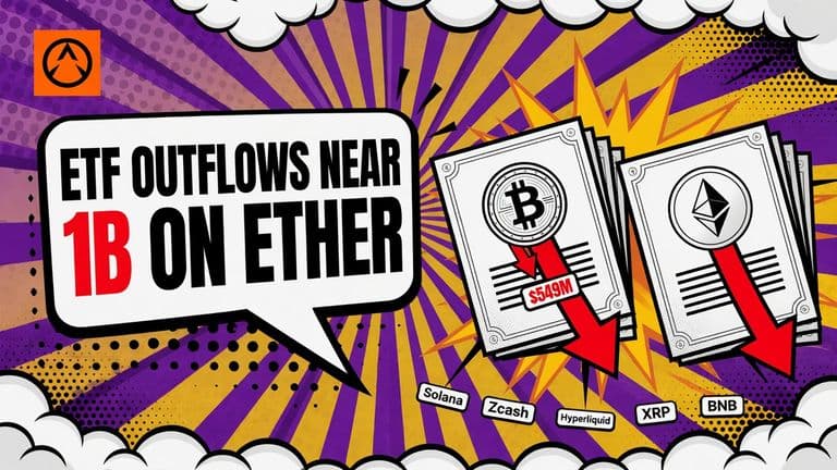 A comic illustration of two large fund share certificates marked with Bitcoin and Ether coins tipping downward with red outflow arrows, with smaller Solana, Zcash, Hyperliquid, XRP and BNB certificates behind them over a striped sunburst.
