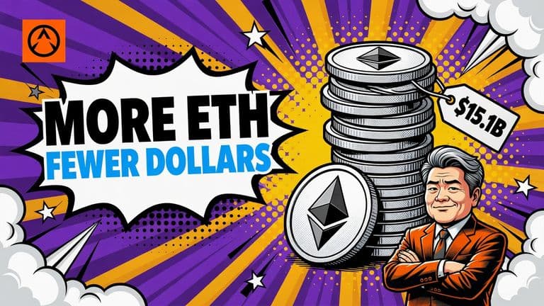A comic-style illustration of a tall stack of Ethereum coins with a small price tag, next to a calm caricature of Bitmine chairman Tom Lee, under a speech bubble reading MORE ETH FEWER DOLLARS.