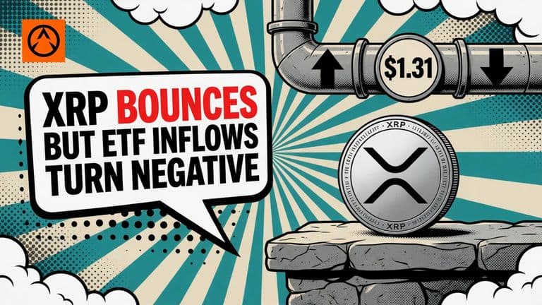 A comic-style XRP coin resting on a stone ledge under a pipe whose green up arrow has flipped to a red down arrow, beside a speech bubble reading XRP BOUNCES BUT ETF INFLOWS TURN NEGATIVE and a badge showing $1.31.