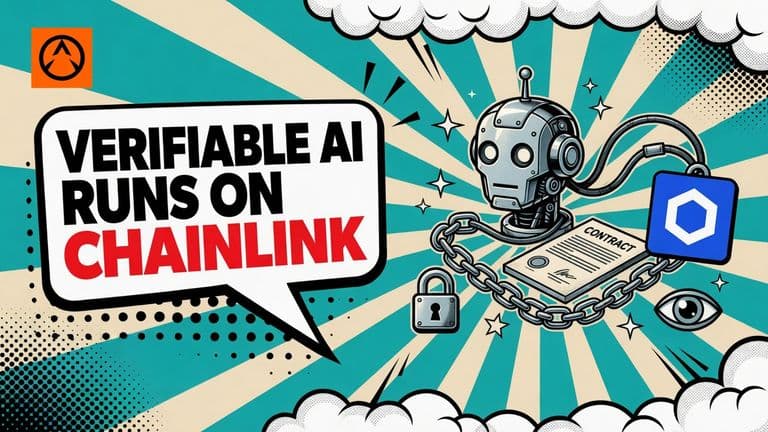 A comic illustration of a robot head feeding data through a chain of linked nodes into a smart contract, with a padlock and an eye beside it.