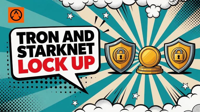 Two coins behind padlocked shields flank a third unprotected coin on a pedestal, under a speech bubble reading TRON AND STARKNET LOCK UP.
