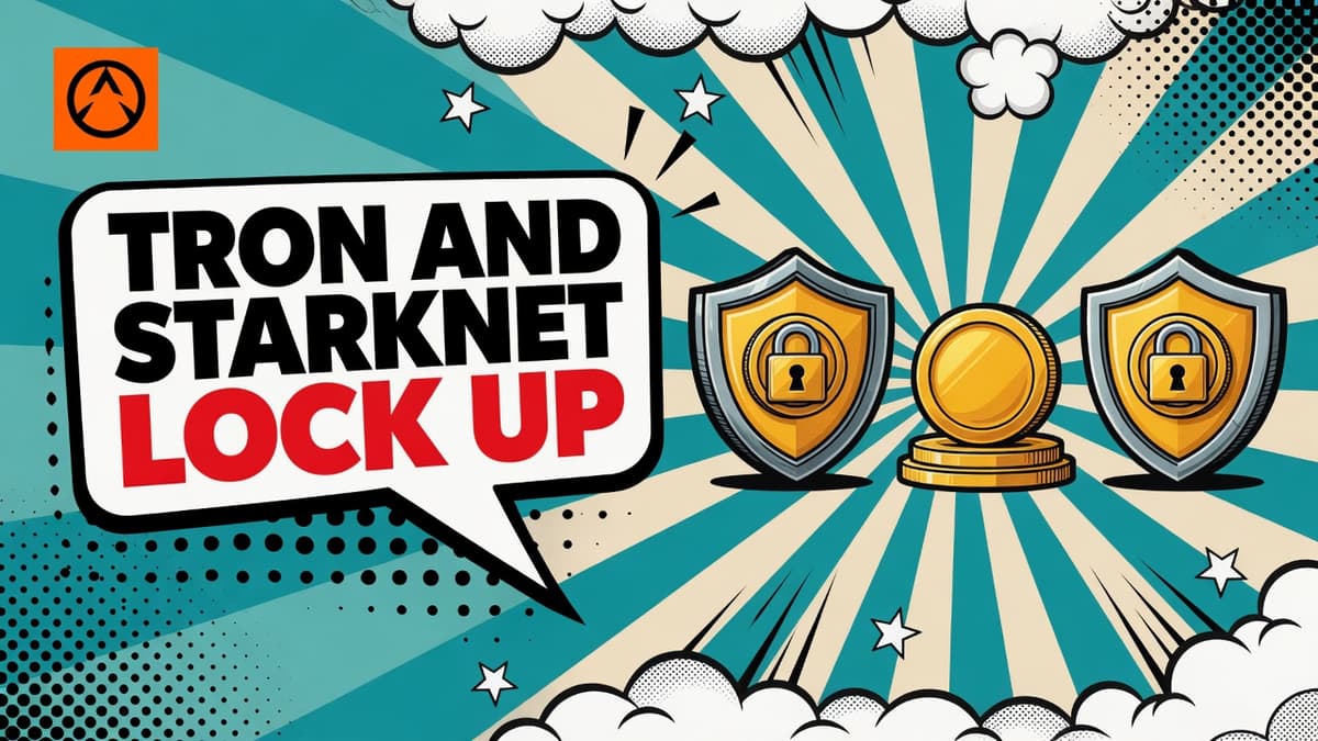 Two coins behind padlocked shields flank a third unprotected coin on a pedestal, under a speech bubble reading TRON AND STARKNET LOCK UP.