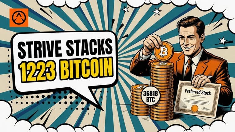 A comic-style executive in a suit stacks flat bitcoin coins into a tall column beside a preferred-stock certificate, with a speech bubble reading STRIVE STACKS 1223 BITCOIN and a badge reading 36818 BTC.
