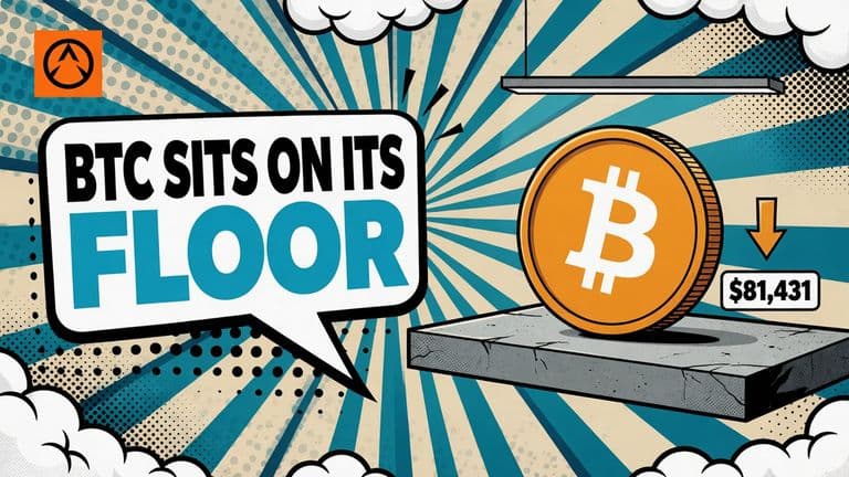 A comic-style Bitcoin coin resting on a cracked floor slab with a ceiling bar above it, beside a speech bubble reading BTC sits on its floor.