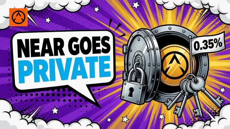A comic-style vault door standing open with a NEAR logo coin inside, a padlock below it and three large keys in front.