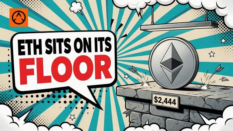 A large Ethereum coin balanced on a stone ledge with a bar hanging just above it, drawn as a pop-art comic cover.