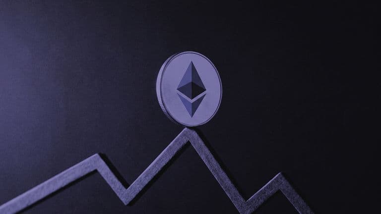A coin carrying the Ethereum mark stands balanced on its edge on the sharp ridge of a single chart line in a dark, empty space.