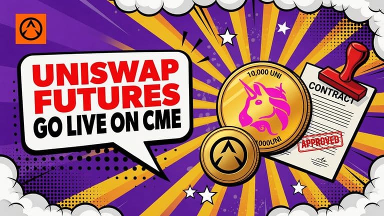 A pop-art Uniswap coin stamped onto a futures contract beside a CME Group badge, set against a bright sunburst.